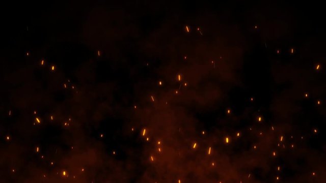 Burning red hot sparks rise from large fire in the night sky. Beautiful abstract background on the theme of fire, light and life. Fiery orange glowing flying particles over black background in 4k