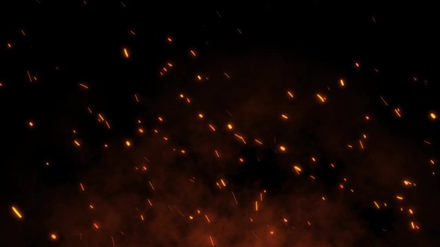 Burning red hot sparks fly away from large fire in the night sky. Beautiful abstract background on the theme of fire, light and life. Fiery orange glowing flying particles over black background in 4k