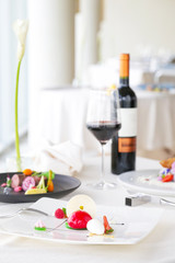 Elegant dessert served on restaurant table