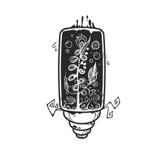 Illustration with lamp bulb with florarium, plant inside. Flat drawing doodle style. Can be used like sticker, logo, cover, your design. Mixing nature and technology.