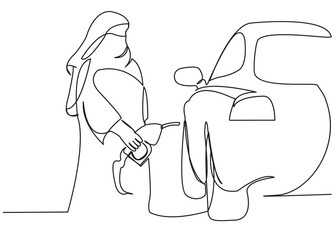 Muslim woman Petrol Station the car