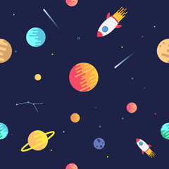 Seamless adventure space pattern with rockets, planets, stars and dashed traces over the dark night sky background. Flat design Space