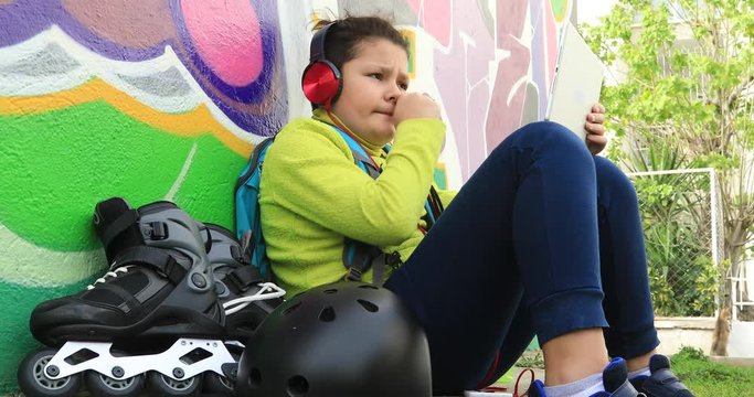 Young preteen boy with headphone  using digital tablet computer at the outdoor