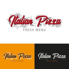 Pizza food logo or emblem for restaurant and cafe. Design with hand-drawn graphic elements in doodle style. Vector Illustration