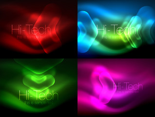 Set of abstract backgrounds. Blurred arrows in dark space. Neon pointers, glass glossy design, abstract techno background, web banner