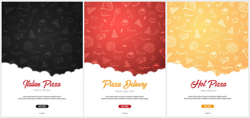 Set of Pizza food menu for restaurant and cafe. Poster with hand-drawn graphic elements in doodle style. Vector Illustration - obrazy, fototapety, plakaty
