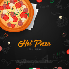 Pizza food menu for restaurant and cafe. Design banner with hand-drawn graphic elements in doodle style. Vector Illustration