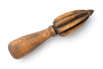 Handcrafted wooden citrus juicer on white isolated background