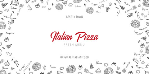Pizza food menu for restaurant and cafe. Design banner with hand-drawn graphic elements in doodle style. Vector Illustration