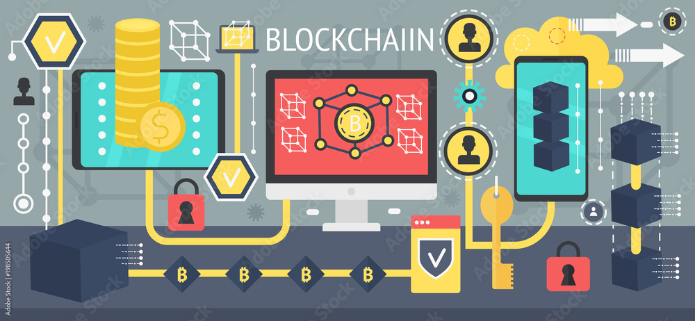 Aufkleber Cryptocurrency bitcoin and blockchain network technology concept. Different devices connected in one network. Vector blockchain poster template.