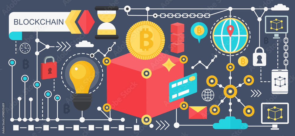 Aufkleber Cryptocurrency bitcoin and blockchain network technology concept. Crypto network vector blockchain poster template.