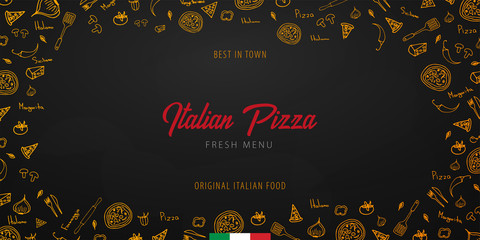 Pizza food menu for restaurant and cafe. Design banner with hand-drawn graphic elements in doodle style. Vector Illustration