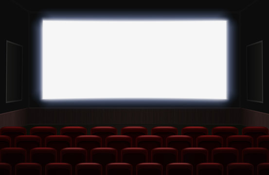 Interior of a cinema movie theatre with shiny white blank screen. Red cinema or theater seats in front of the screen. Empty Cinema auditorium background vector illustration.