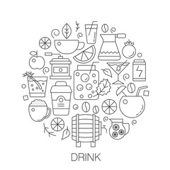 Drinks in circle - concept line illustration for cover, emblem, badge. Alcohol, tea coffee thin line stroke icons set.