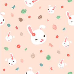 Easter pattern with flowers,bunnies, butterfly and easter eggs on nude background. Vector illustration.