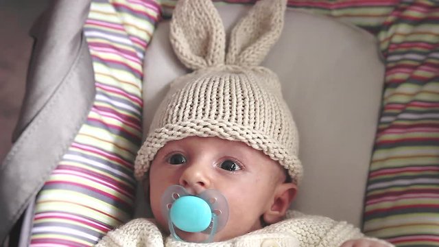Cute Newborn Baby Boy With Bunny Hat