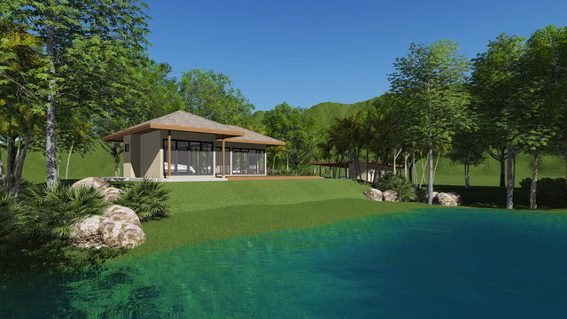 3d render home lake view left view