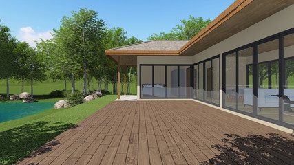 3d render home lake view wood terrace