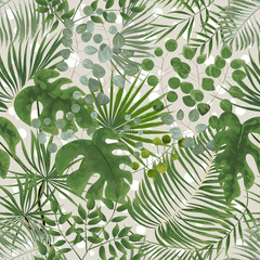 seamless pattern of green leaves. green tropical background in watercolor style. Vector natural, Botanical, elegant pattern.