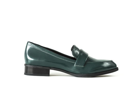 Patent leather green woman shoe isolated white background