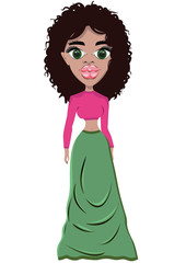 A girl in a green skirt and a pink t-shirt