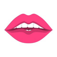Female mouth with brightly colored lips and white even beautiful teeth. Care of the oral cavity. Beauty and hygiene. Flat vector cartoon illustration. Objects isolated on white background.