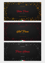 Fototapeta na wymiar Set of Pizza food menu for restaurant and cafe. Banner with hand-drawn graphic elements in doodle style. Vector Illustration