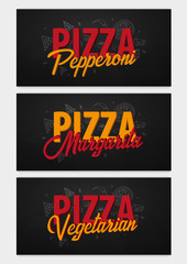 Set of Pizza food menu for restaurant and cafe. Banner with hand-drawn graphic elements in doodle style. Vector Illustration