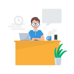 Vector illustration of a man sitting at the table in the office with a speech bubble