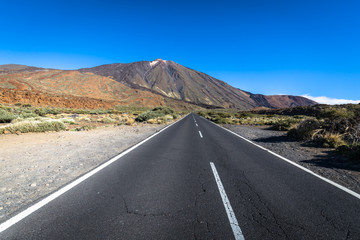 Desert Lonely Road Landscape in Volcan Teide National Park, Tenerife, Canary Island, Spain