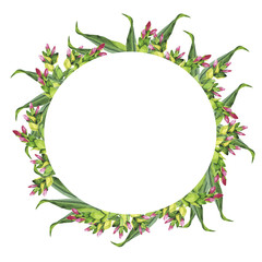 Summer herbs and pink flowers wreath isolated on white background. Hand drawn watercolor illustration.