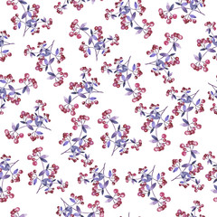 Seamless pattern with violet leaves and pink berries on white background. Hand drawn watercolor illustration.