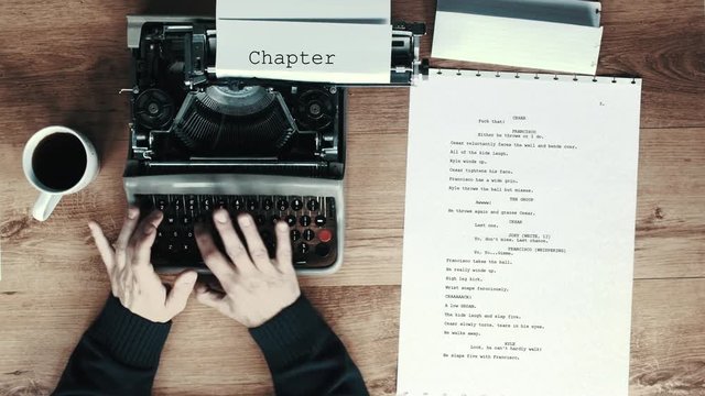 Book Chapter 1, Film script, Creative typewriter shots in many different style, colors, mood, B&W. Beautiful close-ups, beautiful retro style shots