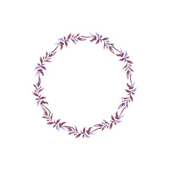 Violet and pink leaves and branches frame isolated on white background. Hand drawn watercolor illustration.