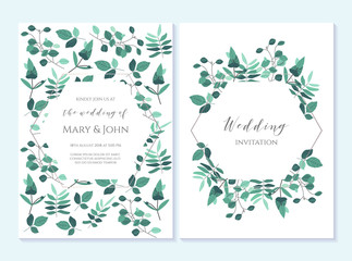 Wedding invitation, thank you card, save the date card. Wedding invitation, baby shower, menu, flyer, banner template with wreath, blue, arrow. Elegant vintage hipster rustic wedding invitation.