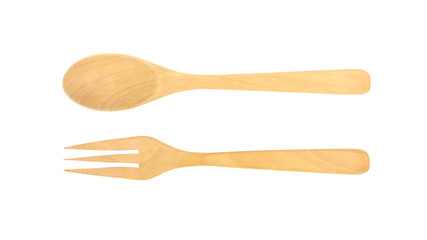 wood spoon and fork isolated on white background