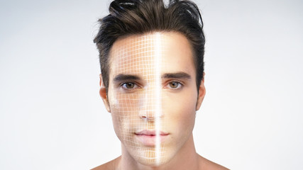 Portrait of a handsome boy protection has facial recognition, thanks to increased reality and...