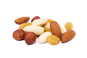Mixed fresh nuts and raisins isolated on white background