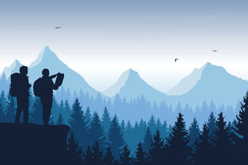 Tourist, man and woman with backpacks and a map looking for a trip in a mountain landscape with forest, trees and flying birds under the sky with clouds