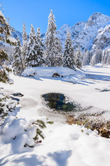 Winter landscape in valley near Morskie Oko lake, Tatra Mountains, Poland