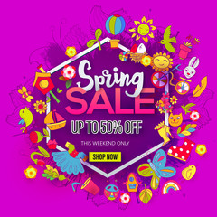 Hand drawn splash and Doodle icons in Spring Sale banner. For banners, posters, flyers, cards, invitations. Vector illustration. Detailed design with season symbols. All objects are separated