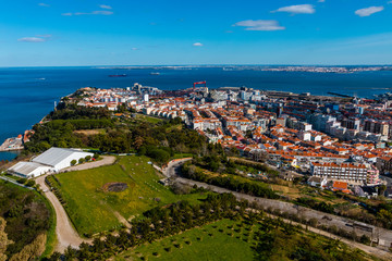 Aerial view of Almada rooftop from Christo Rei statue in Lisbon - Portugal