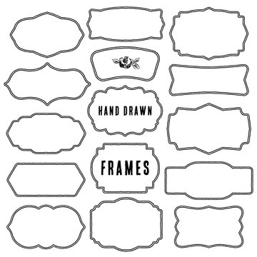 Set of vintage contour blank frames and labels. Hand drawn vector illustration.