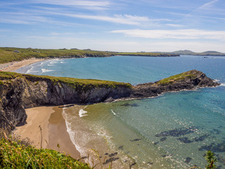 Beautiful golden sands and rocky coves at Whitesands Bay, St Davids Peninsular, Pembrokeshire, UK