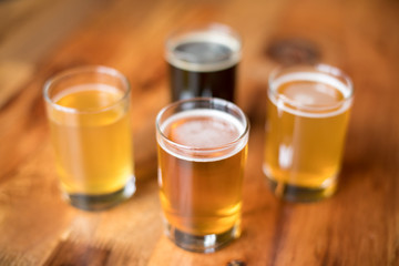 Overhead close up on a tasting  flight of four craft beers