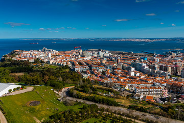 Aerial view of Almada rooftop from Christo Rei statue in Lisbon - Portugal