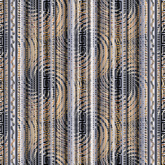 Abstract striped geometric 3d greek key seamless borders pattern. Vector  textured 3d background. Lace, lines, dots, radial circles, waves, stripes, halftone, meanders. Surface modern greek ornaments