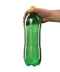 zielona butelka z napojem w dłoni - obrazy, fototapety, plakaty