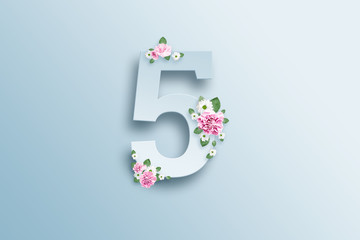 Digit five, pink roses and green leaves on a light background. Spring background. flat lay, copy space, Mixed media, top view.