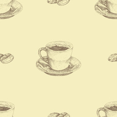 Seamless pattern. Coffee cup and coffee beans. Hand drawn illustration in sketch style